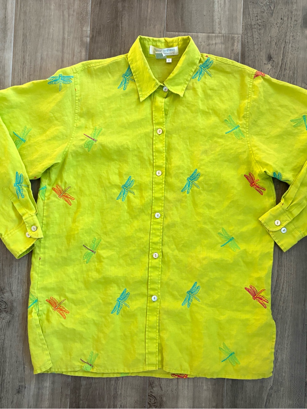 Vintage Casey Coleman Lime Green Dragonfly Linen Blouse Size M - Picture 2 of 7